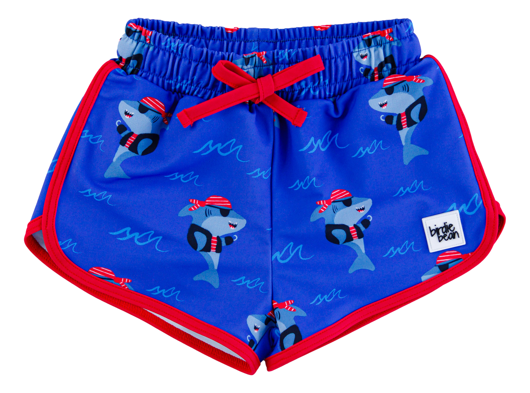 Blue children's swim shorts with shark pattern and red accents on a white background
